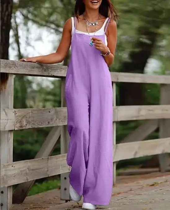 Elfriede | Damen Leinenjumpsuit Latzhose Wide-Leg-Pants Träger Hosenanzug