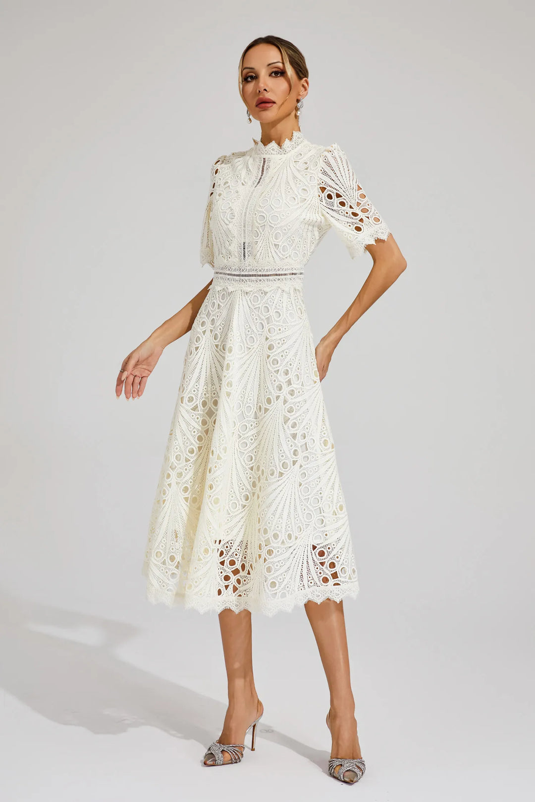 Jasmin | Damen Schickes Spitzen Midi Kleid