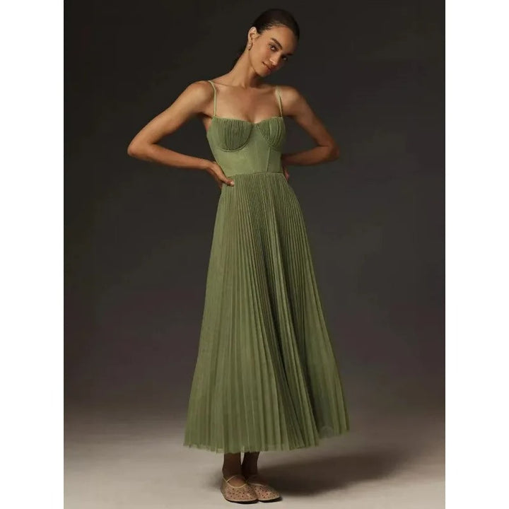 Leonie | Damen Plissee Midi-Slip-Kleid mit Bustier-Korsett