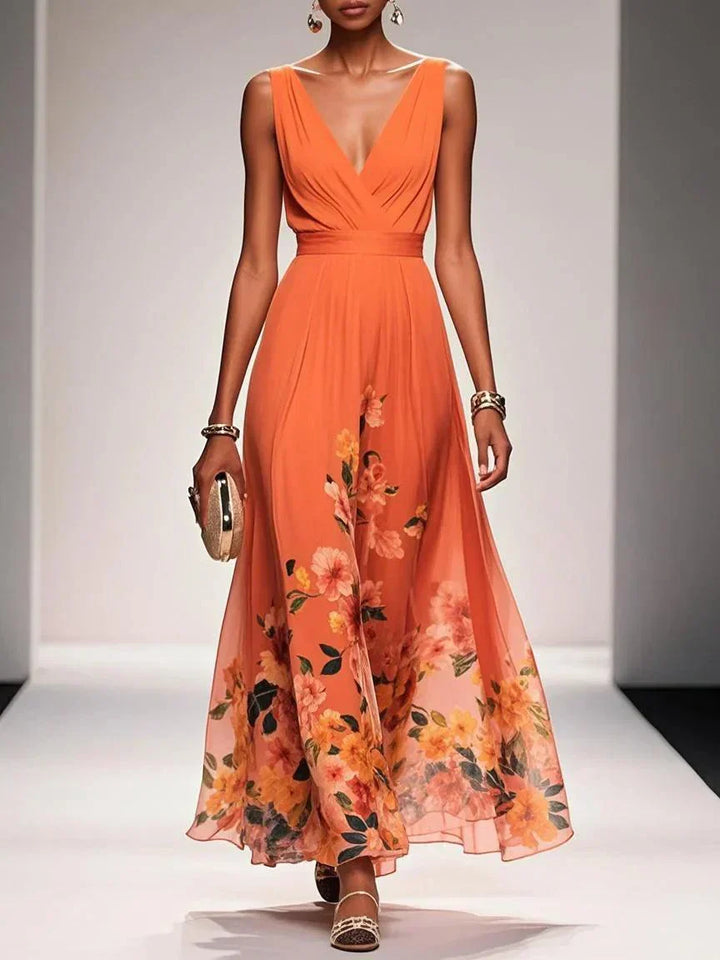 Carolin | Damen Florales Chiffon Sommer Maxikleid