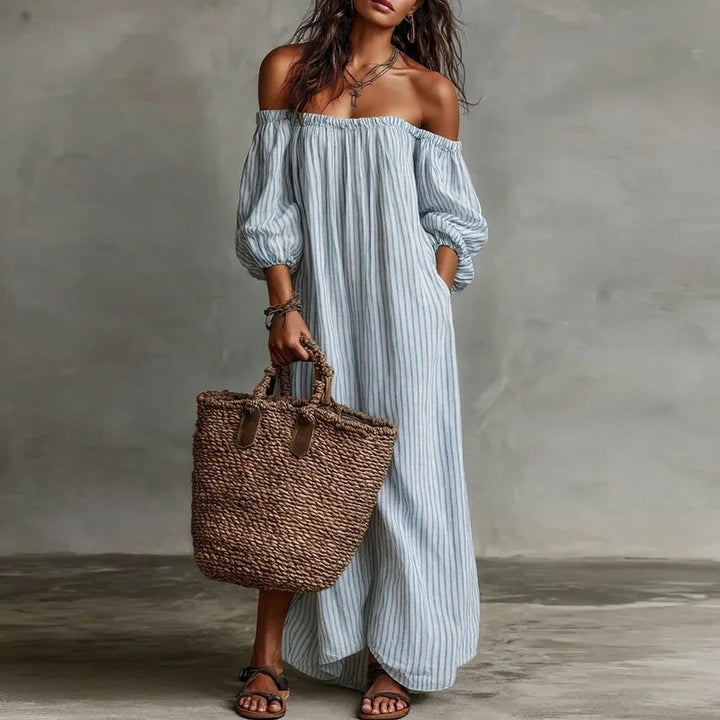 Mia | Damen Gestreiftes Knopfleisten Dreiviertelarm Midi-Kleid