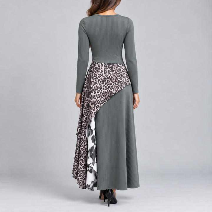 Amelie | Damen Langarm Maxi-Kleid Rippstrick Leopardenmuster Unregelmäßiger Saum