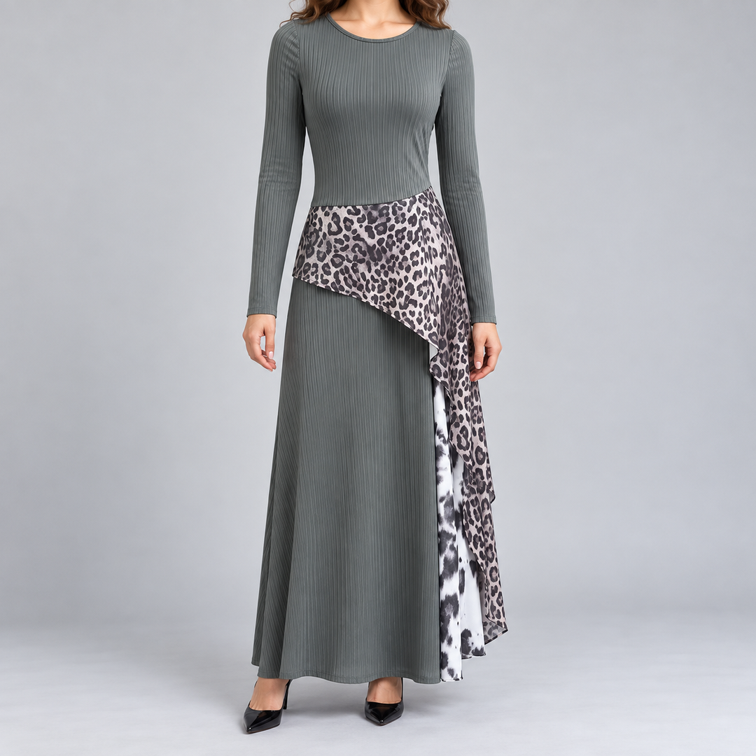 Amelie | Damen Langarm Maxi-Kleid Rippstrick Leopardenmuster Unregelmäßiger Saum
