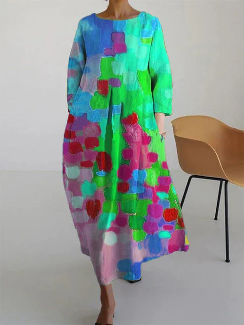 Elisa | Damen Maxikleid mit abstraktem Blumenmuster und langen Ärmeln