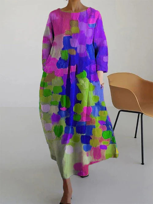 Elisa | Damen Maxikleid mit abstraktem Blumenmuster und langen Ärmeln
