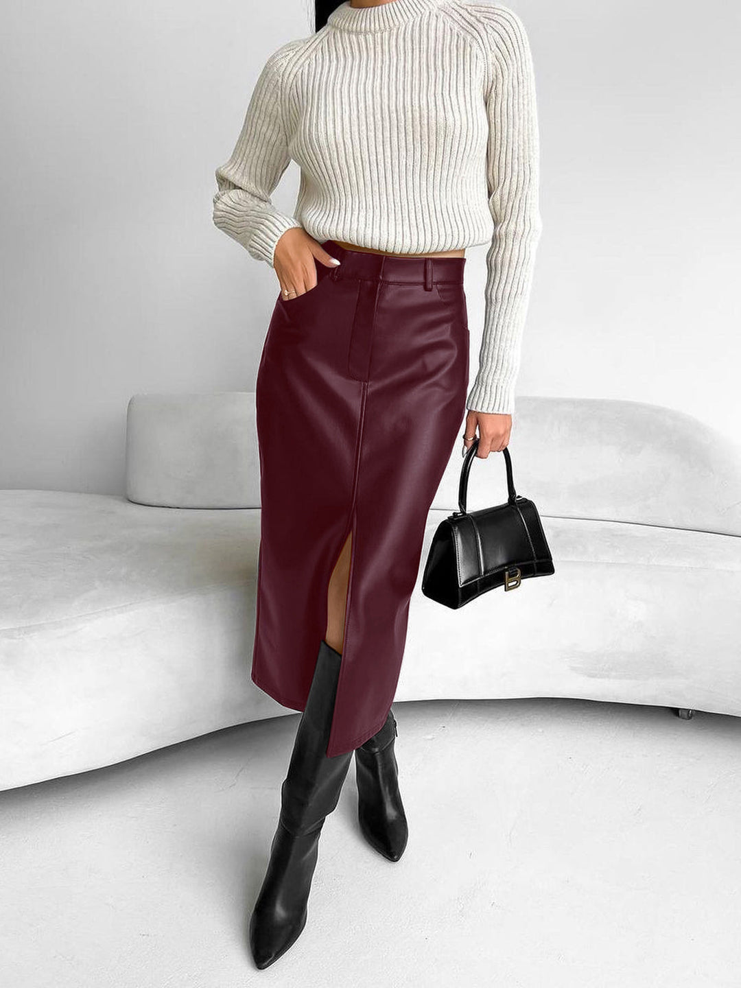 Claudia | Damen Frühlings Eleganter Schlitz Midi-Rock