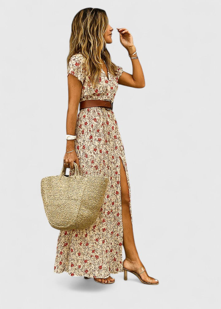 Anke | Damen Lässiges Boho-Maxikleid mit V-Ausschnitt