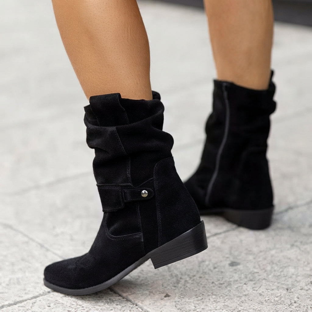 Frieda | Damen Knee High Boots Wildlederimitat Schlupfstiefel mit Blockabsatz