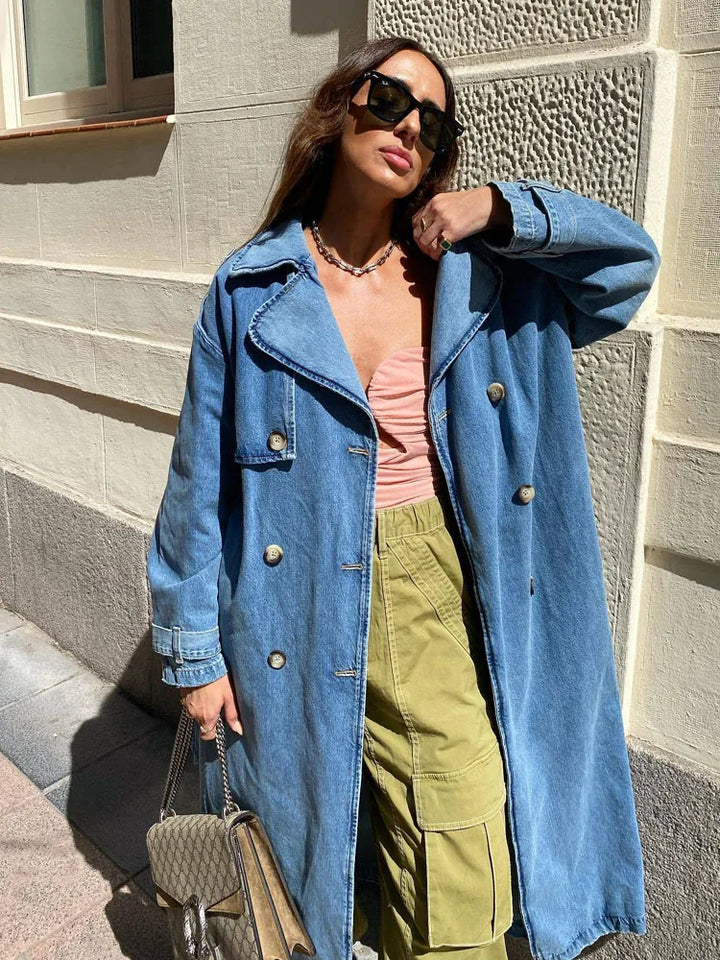 Carolin | Damen Langer Jeans-Trenchcoat mit Gürtel