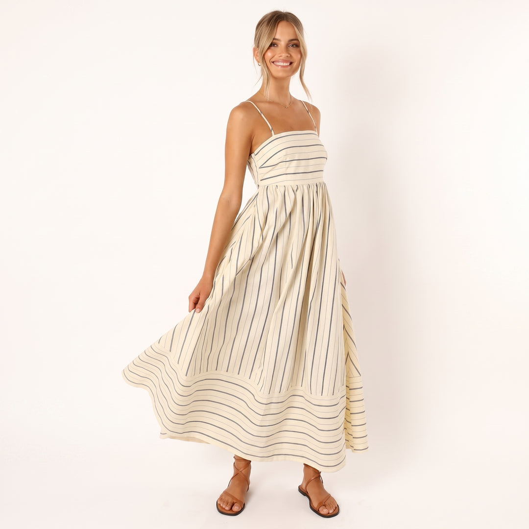 Luisa | Damen Gestreiftes Maxi-Kleid mit Bindenden Spaghettiträgern