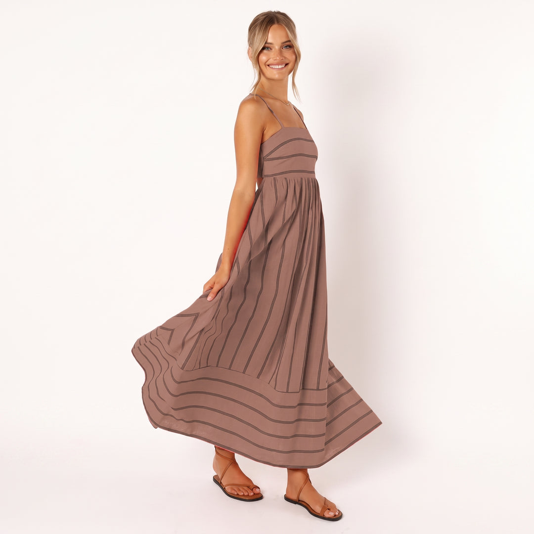 Luisa | Damen Gestreiftes Maxi-Kleid mit Bindenden Spaghettiträgern