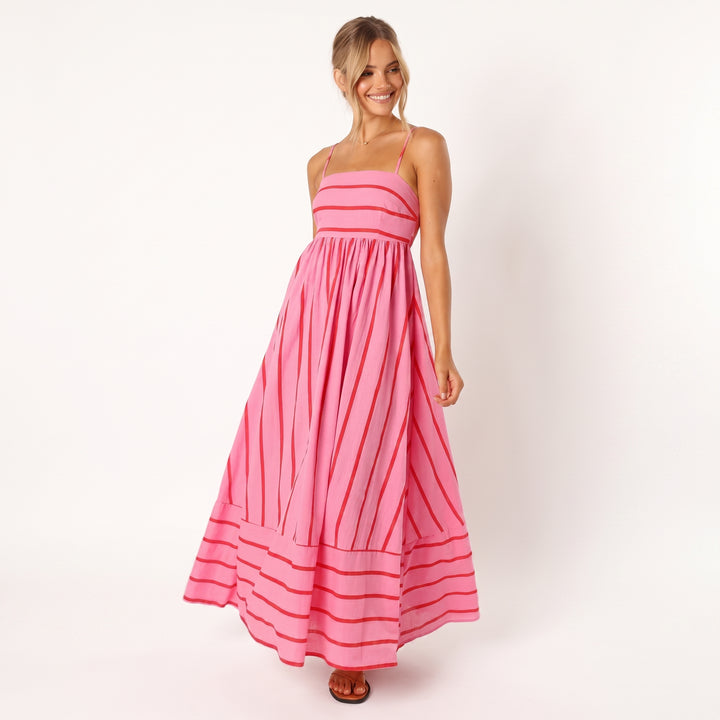 Luisa | Damen Gestreiftes Maxi-Kleid mit Bindenden Spaghettiträgern