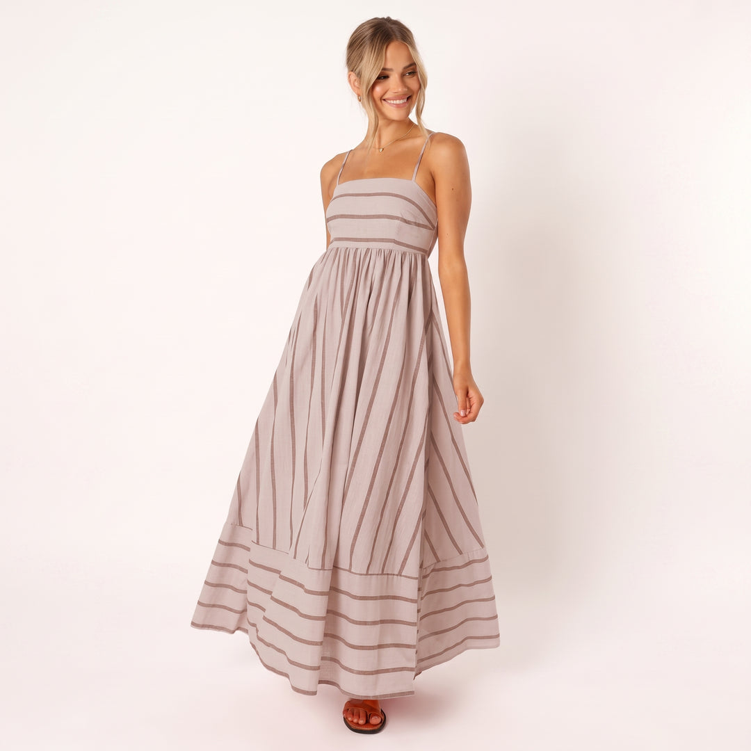 Luisa | Damen Gestreiftes Maxi-Kleid mit Bindenden Spaghettiträgern