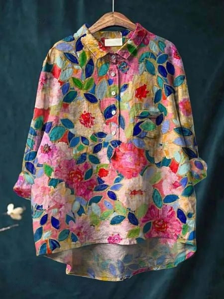 Leonie | Damen Blumen Bluse Mit Knopfleiste Und Tasche