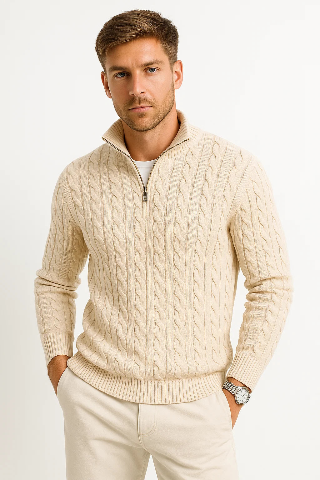 Konrad | Herren Frühlings Strickpullover mit Zopfmuster und Reißverschluss am Kragen