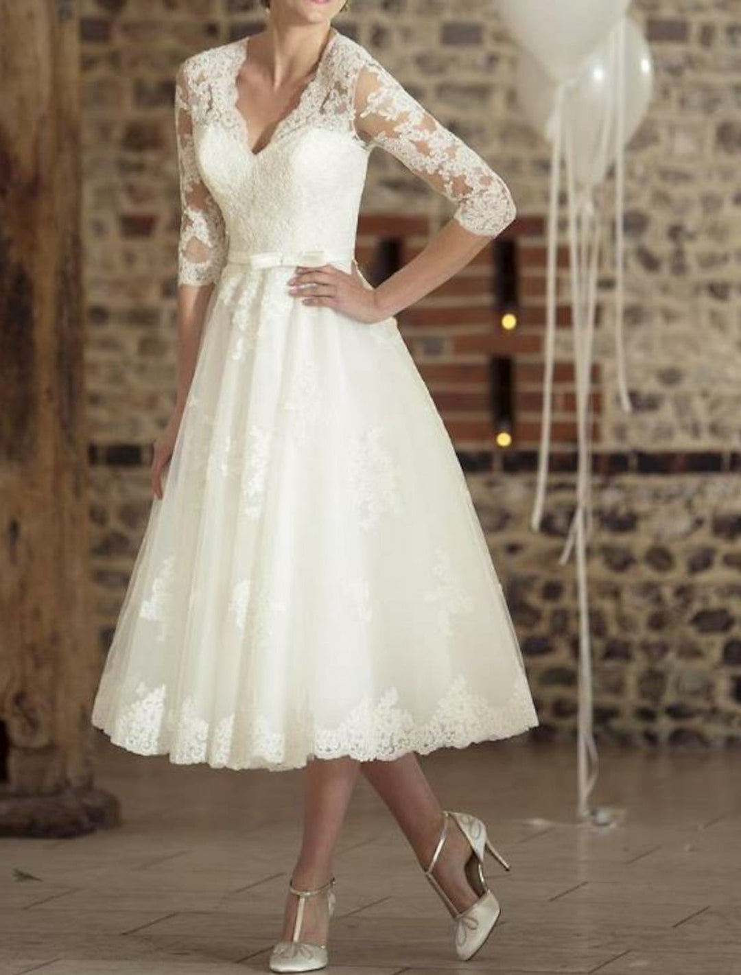 Doris | Damen Vintage Spitzen Hochzeitskleid Midi-Länge