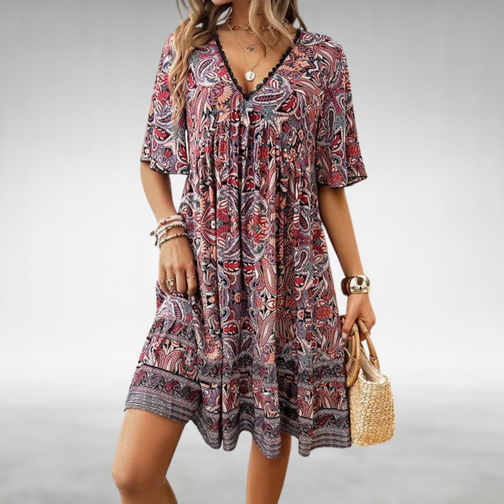 Felicia | Damen Sommer Boho Paisley Mini Kleid