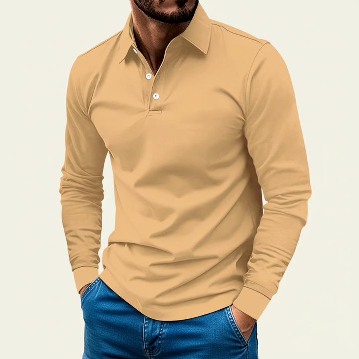Elias | Herren Minimaler Knopf Langarm Polo-Shirt