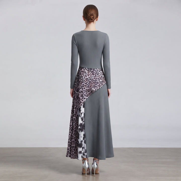 Amelie | Damen Langarm Maxi-Kleid Rippstrick Leopardenmuster Unregelmäßiger Saum