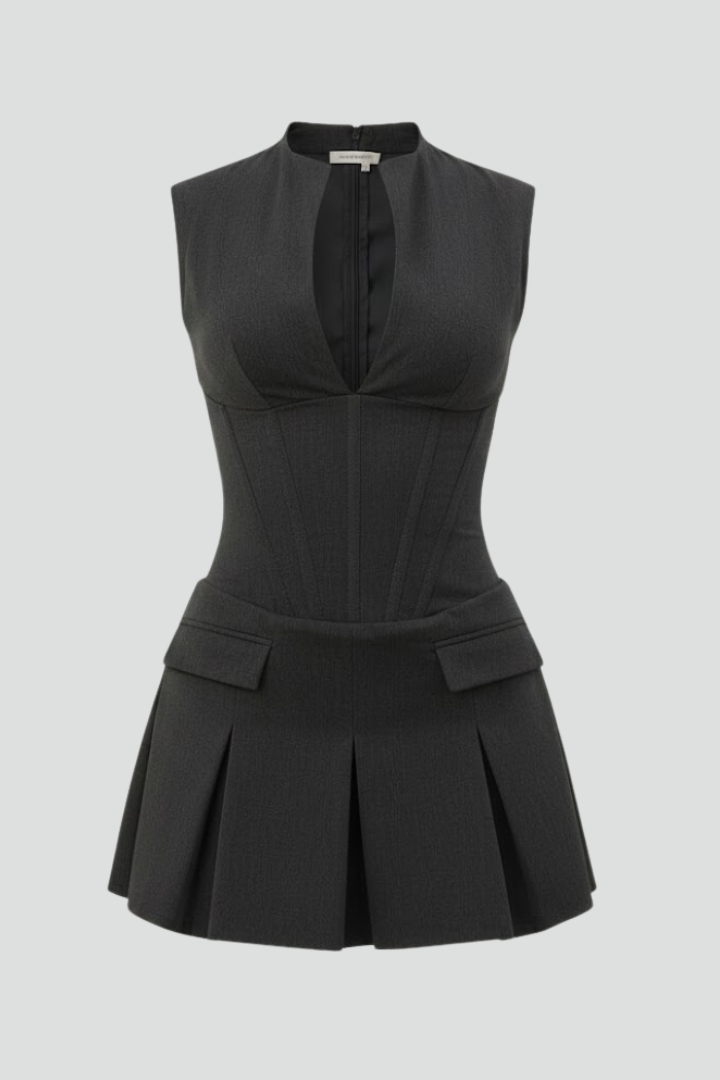 Bettina | Damen plissiertes Minikleid mit tiefem Ausschnitt