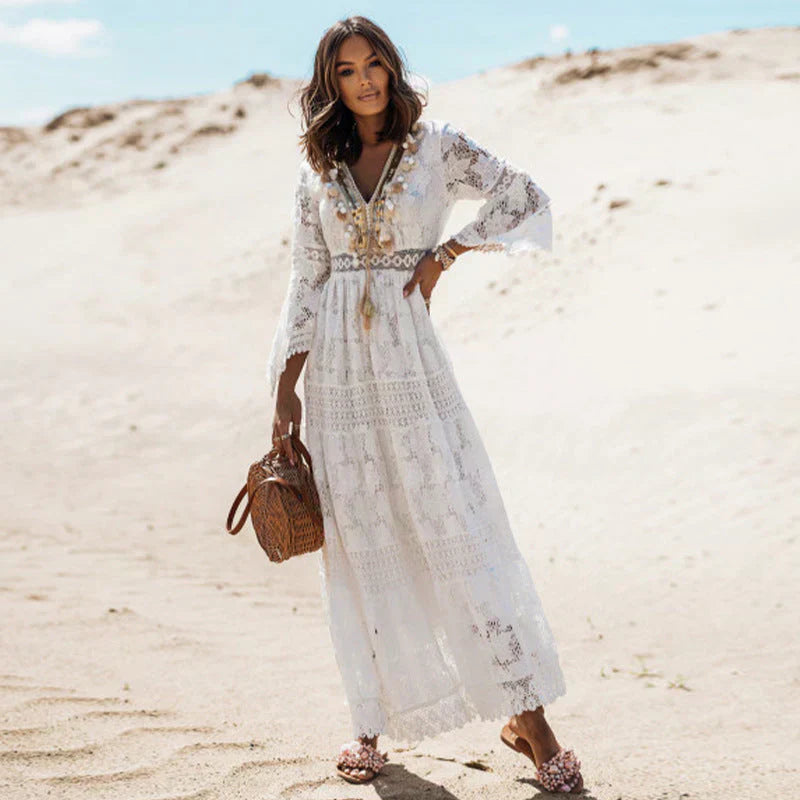 Doris | Damen Boho Langarm Maxikleid
