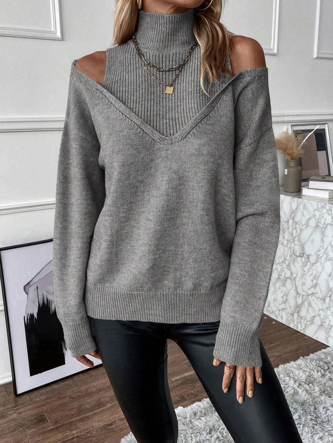 Bettina | Damen Off-Shoulder Rollkragenpullover Aus Strick