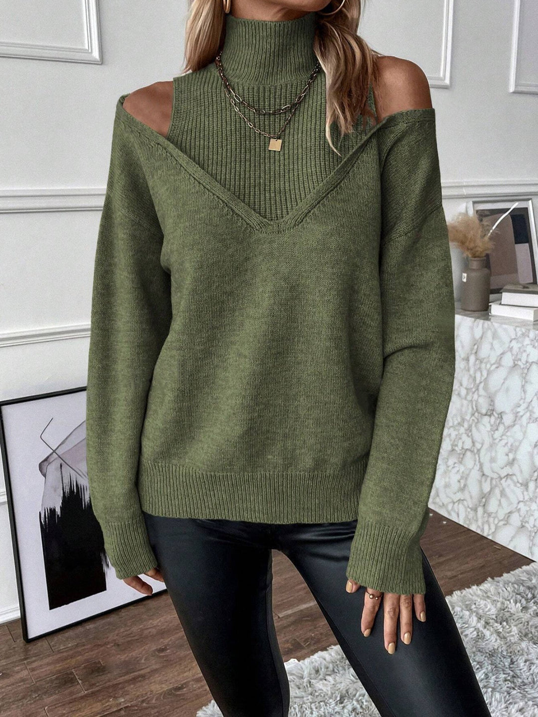 Bettina | Damen Off-Shoulder Rollkragenpullover Aus Strick