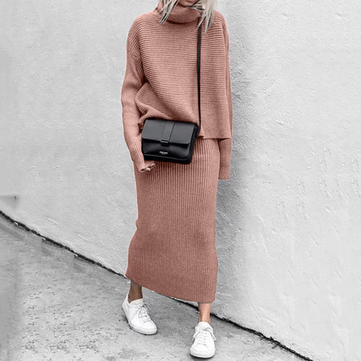 Jessica | Damen Rippen-Strickpullover mit Rollkragen und Rock-Set