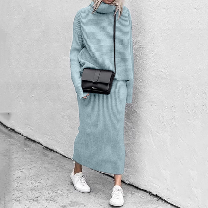 Jessica | Damen Rippen-Strickpullover mit Rollkragen und Rock-Set