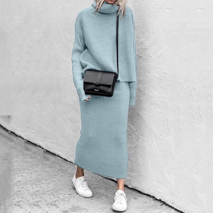 Jessica | Damen Rippen-Strickpullover mit Rollkragen und Rock-Set