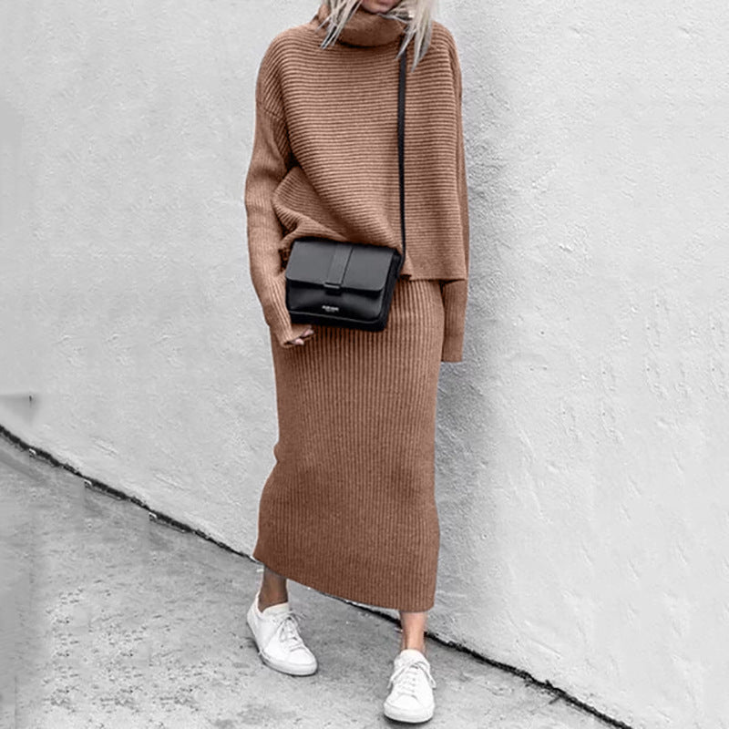 Jessica | Damen Rippen-Strickpullover mit Rollkragen und Rock-Set