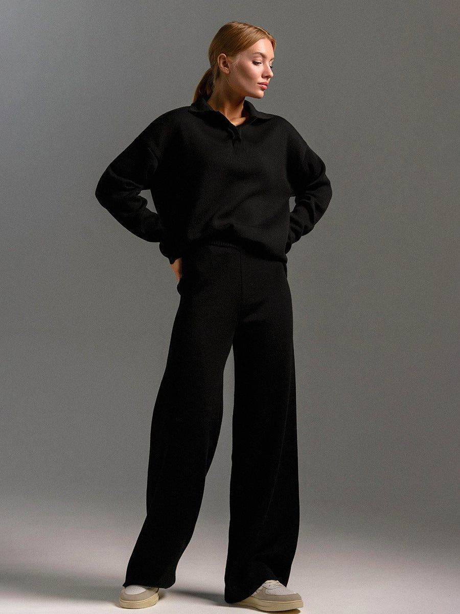 Jacqueline | Damen Polopullover- und Weitbein-Hosen-Set