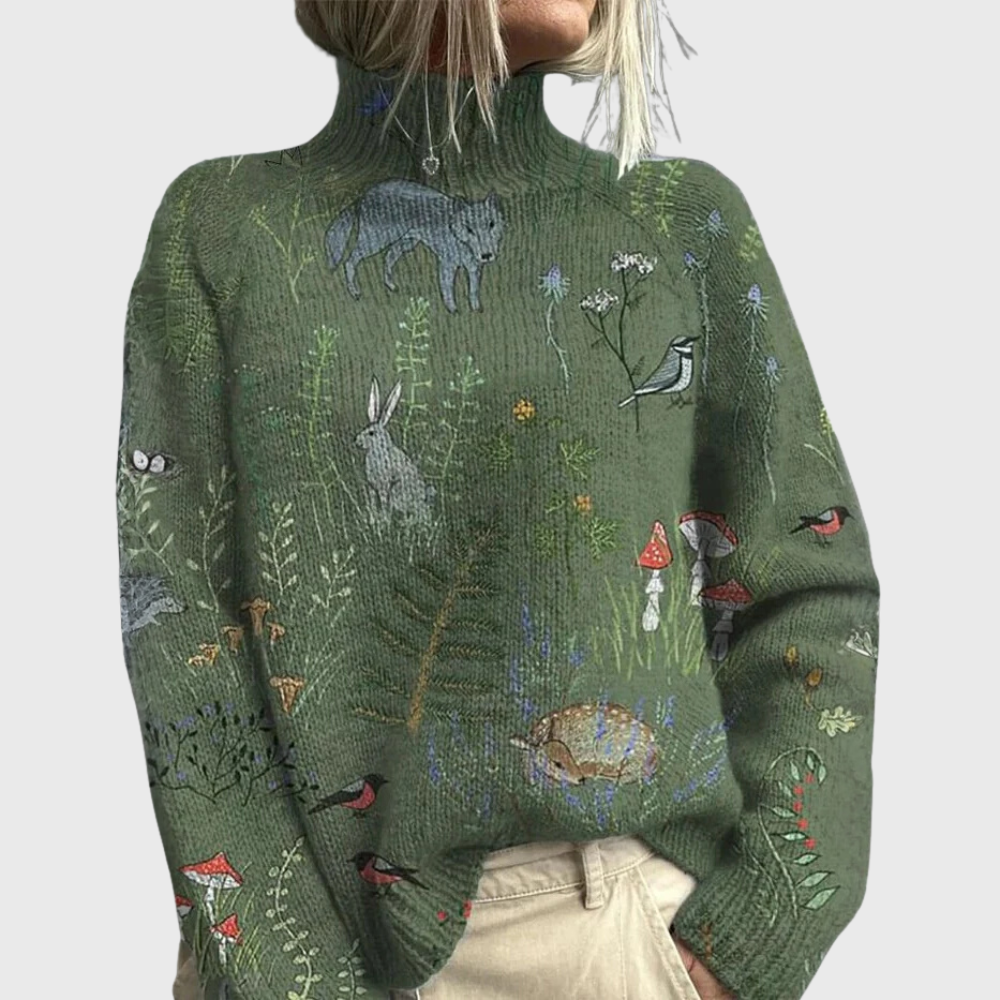 Jacqueline | Damen Pullover Mit Waldprint Und Rollkragen