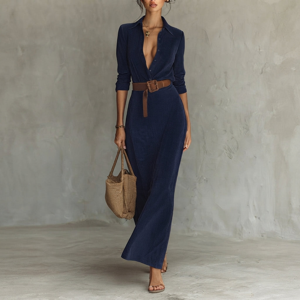 Katharina | Damen Langarm-Maxikleid figurbetonend tailliert mit Gürtel