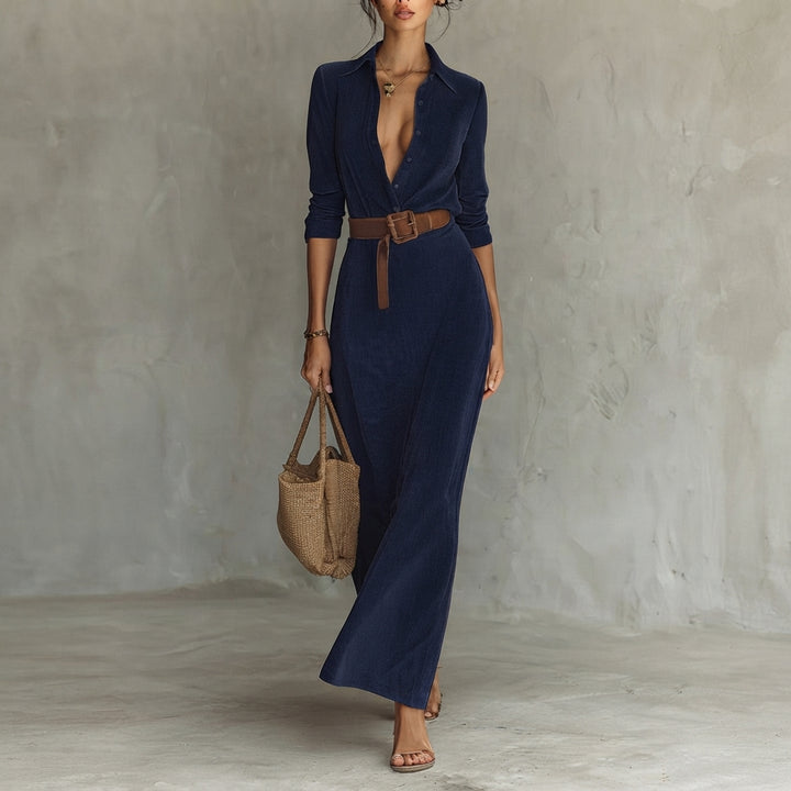 Katharina | Damen Langarm-Maxikleid figurbetonend tailliert mit Gürtel