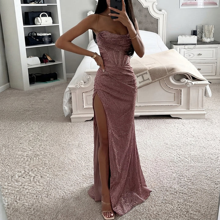 Nora | Damen Pailletten Corsage Maxi Abendkleid mit Beinschlitz