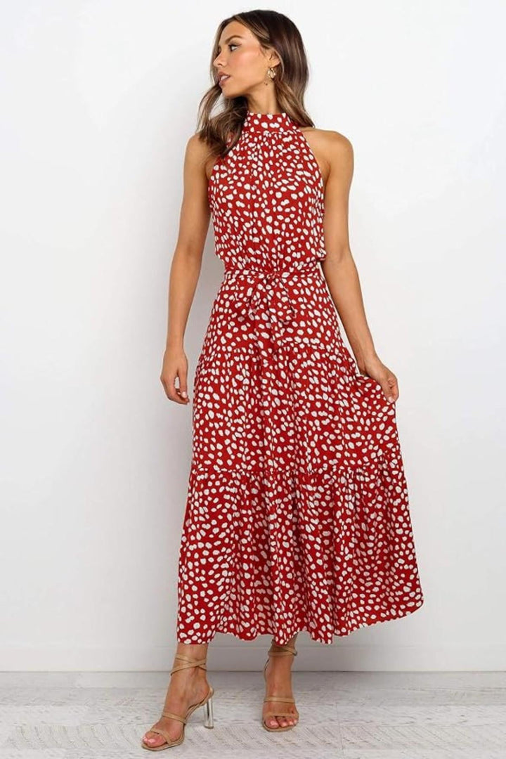 Karin | Damen Maxikleid mit Druckmuster, Neckholder und Taillenschleife