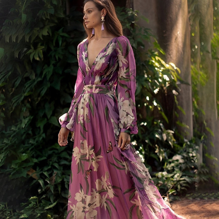 Johanna | Damen Bequemes Blumen V-Ausschnitt Maxi Kleid