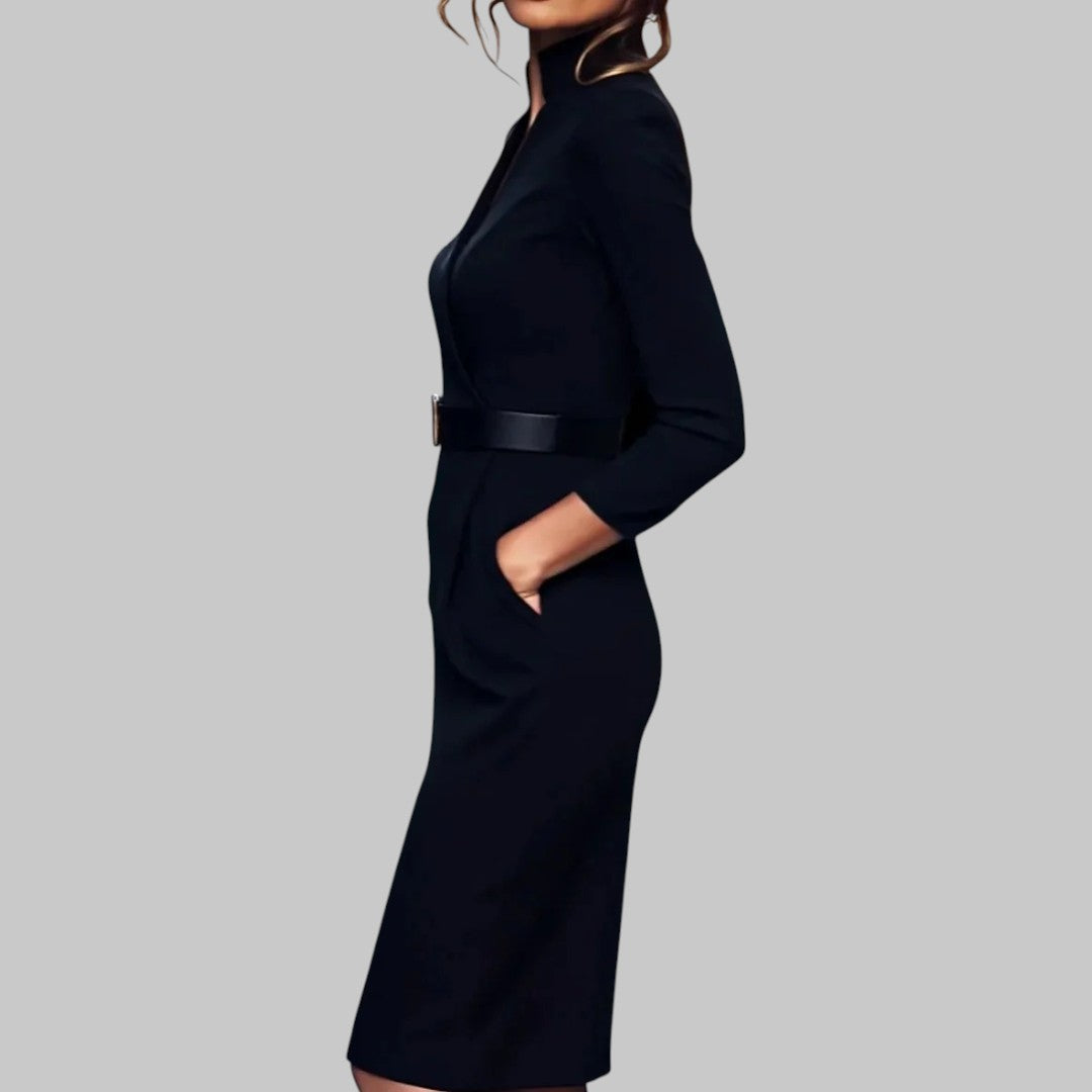Jessica | Damen Midi-Kleid mit langen Ärmeln und Taillengürtel