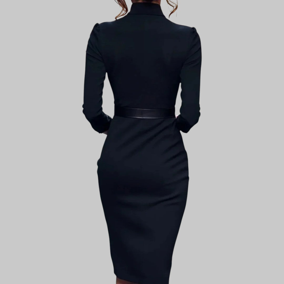 Jessica | Damen Midi-Kleid mit langen Ärmeln und Taillengürtel