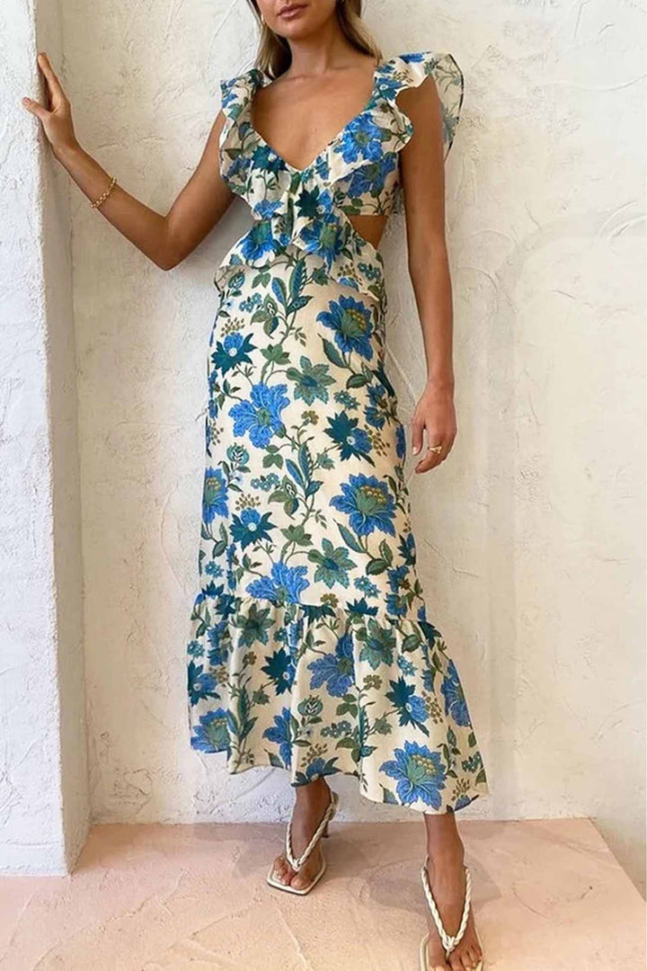 Felicia | Damen Floral Elegant Ruffle Maxi Kleid