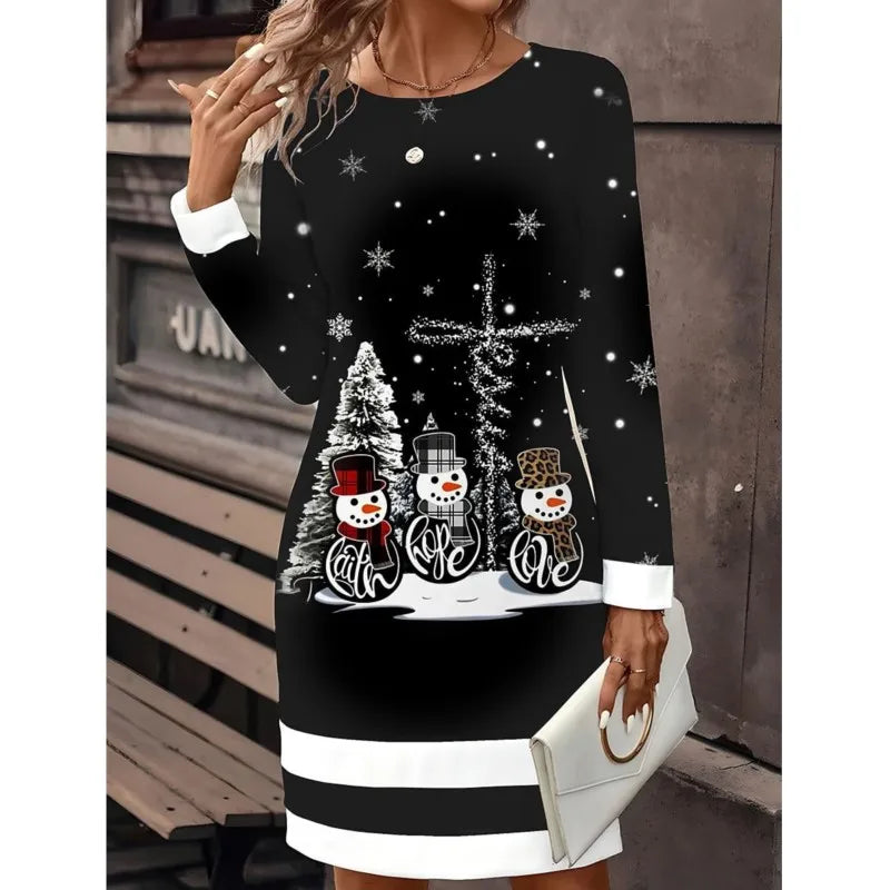 Carolin | Damen Weihnachtspullover-Kleid mit Schneemann-Print