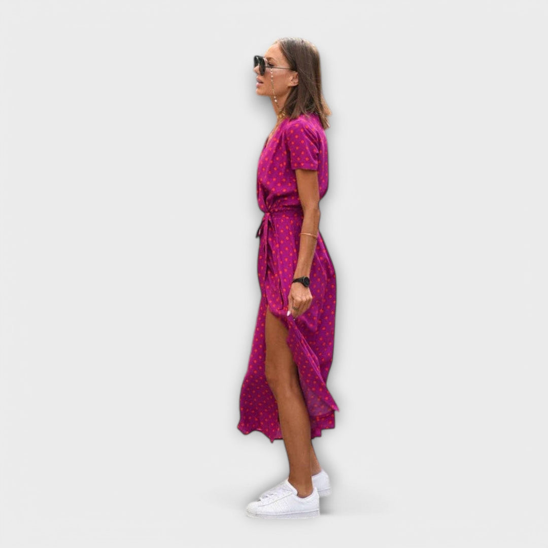 Renate | Damen Lässiges Langkleid mit V-Ausschnitt und Gürtel