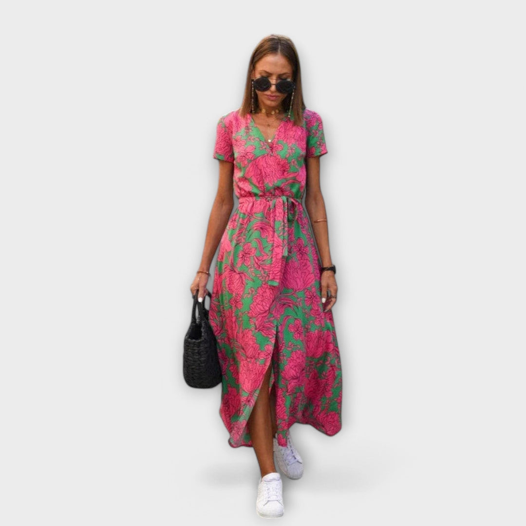 Renate | Damen Lässiges Langkleid mit V-Ausschnitt und Gürtel