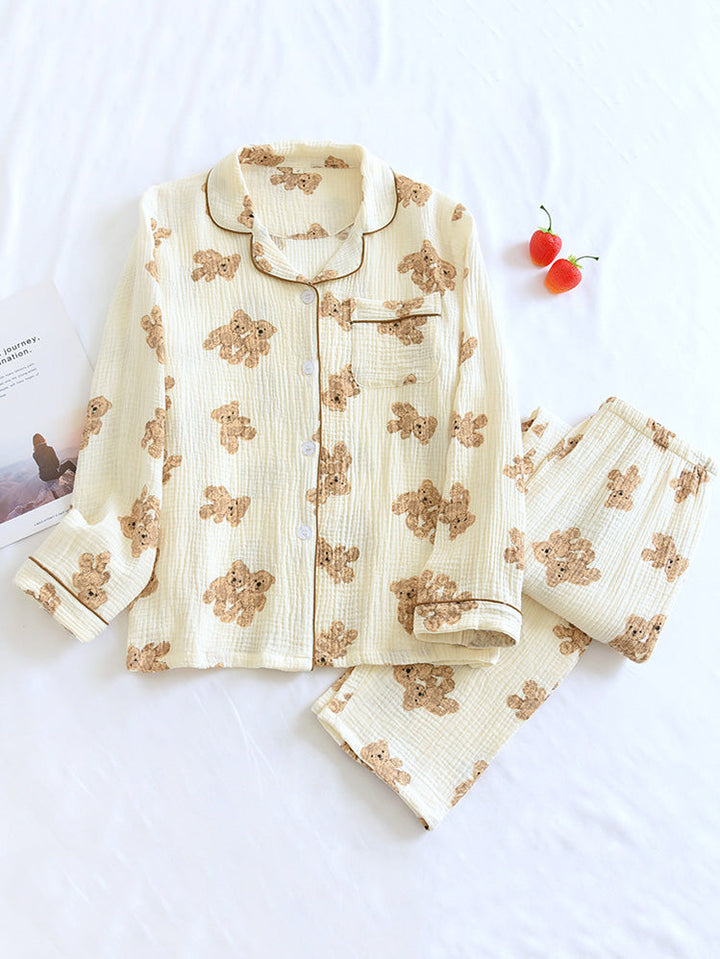Gabriela | Damen Pyjama-Set mit Knopfleiste und Teddybär-Motiv