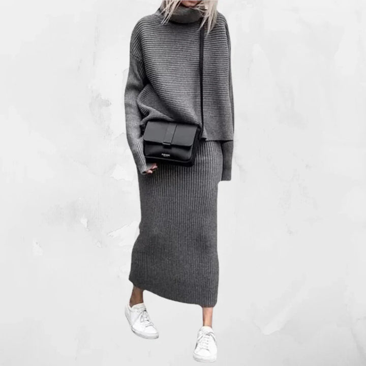 Jessica | Damen Rippen-Strickpullover mit Rollkragen und Rock-Set