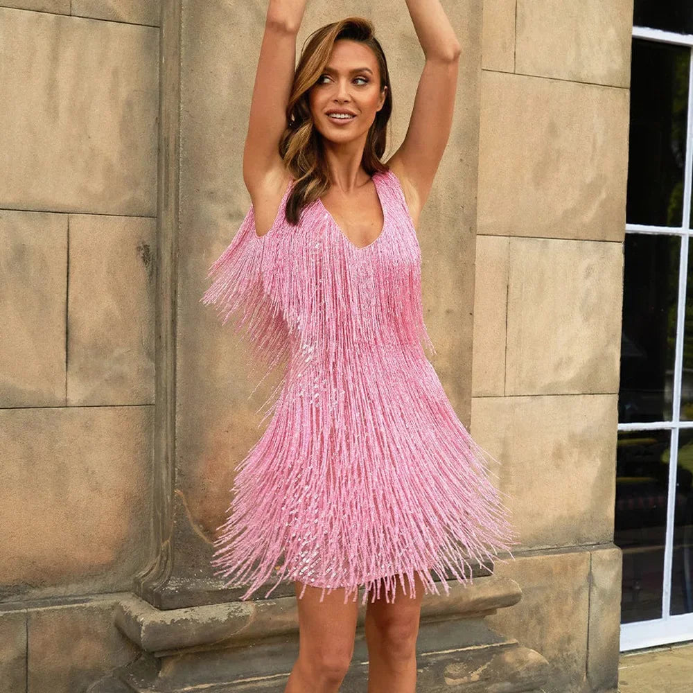 Alina | Damen Glitzerndes Fransen-Party-Minikleid