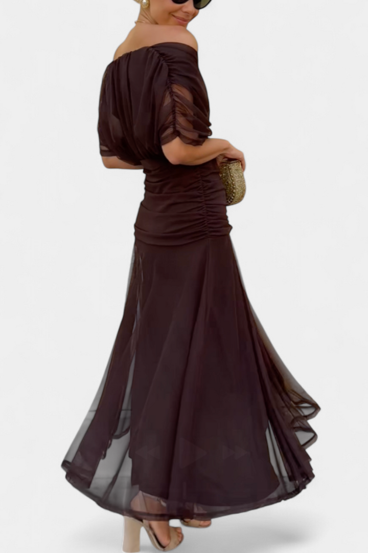 Elfriede | Damen Off-Shoulder Gerafftes Maxi Kleid