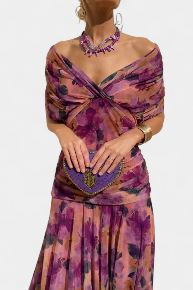 Elfriede | Damen Off-Shoulder Gerafftes Maxi Kleid