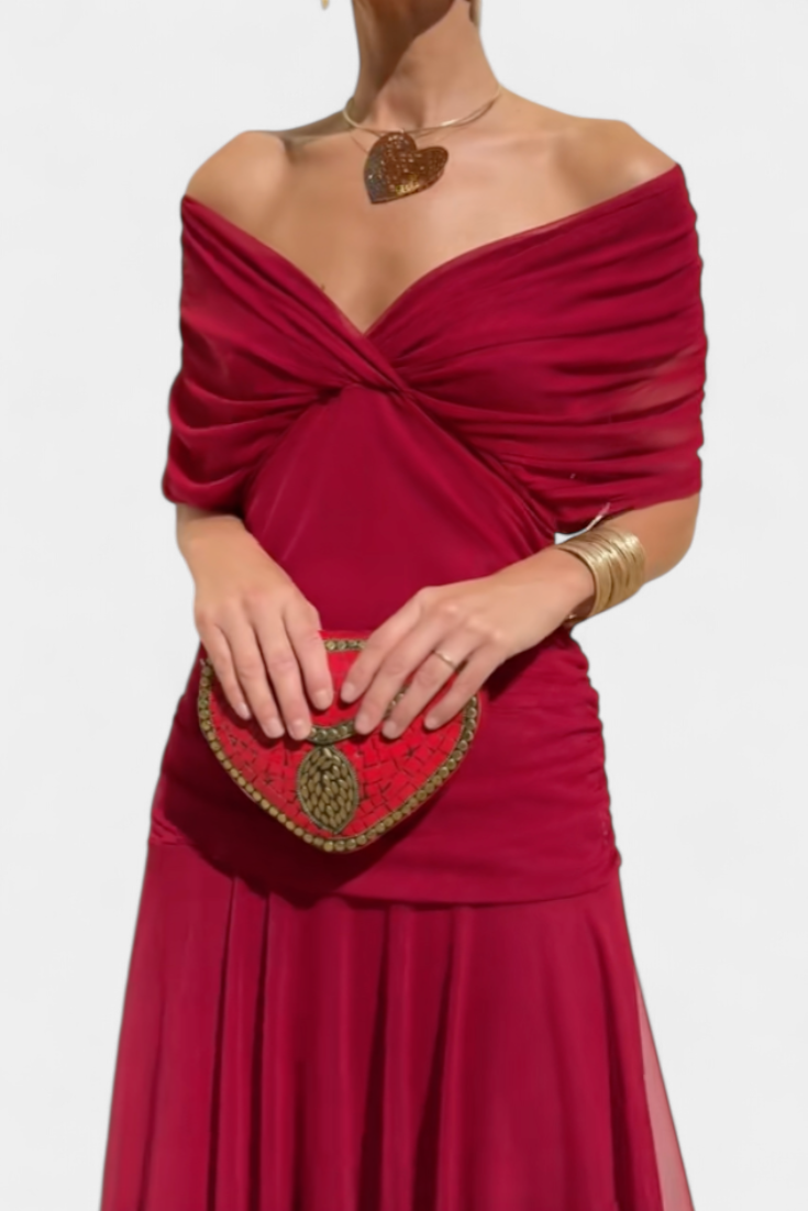 Elfriede | Damen Off-Shoulder Gerafftes Maxi Kleid